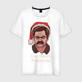 Мужская футболка хлопок с принтом Ron Swanson в Новосибирске, 100% хлопок | прямой крой, круглый вырез горловины, длина до линии бедер, слегка спущенное плечо. | 2к20 | ron swanson | ron swanson сериал | нг | новый год | рон суонсон