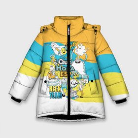 Зимняя куртка для девочек 3D с принтом Adventure Time в Новосибирске, ткань верха — 100% полиэстер; подклад — 100% полиэстер, утеплитель — 100% полиэстер. | длина ниже бедра, удлиненная спинка, воротник стойка и отстегивающийся капюшон. Есть боковые карманы с листочкой на кнопках, утяжки по низу изделия и внутренний карман на молнии. 

Предусмотрены светоотражающий принт на спинке, радужный светоотражающий элемент на пуллере молнии и на резинке для утяжки. | adventure time | dsgngerzen | finn | jake | princess bubblegum | бубль гум | время приключений | парнишка | пёс | пес джейк | фин | финн и джейк | финн мёртанс vdgerir | финн парнишка
