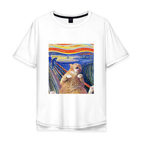 Мужская футболка хлопок Oversize с принтом Крик в 5 утра в Новосибирске, 100% хлопок | свободный крой, круглый ворот, “спинка” длиннее передней части | cat | ван гок | веселый | животные | забавный | искусство | картина | картина маслом | кот | котик | котэ | кошка | крик | мем | прикол | смешной | юмор