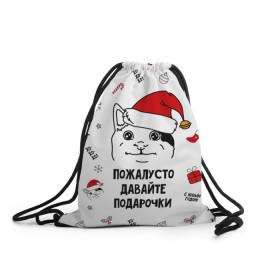 Рюкзак-мешок 3D с принтом Новогодний вежливый котик мем в Новосибирске, 100% полиэстер | плотность ткани — 200 г/м2, размер — 35 х 45 см; лямки — толстые шнурки, застежка на шнуровке, без карманов и подкладки | Тематика изображения на принте: 