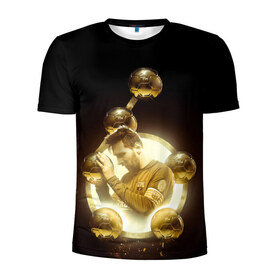 Мужская футболка 3D спортивная с принтом Месси шестикратный в Новосибирске, 100% полиэстер с улучшенными характеристиками | приталенный силуэт, круглая горловина, широкие плечи, сужается к линии бедра | argentina | barcelona | football | golden ball | leo | lionel messi | аргентина | барселона | золотой мяч | лео | лионель месси | футбол