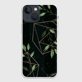 Чехол для iPhone 13 mini с принтом Геометрия в природе в Новосибирске,  |  | абстрактное | белое | ветви | ветвь | ветка | геометрические фигуры | желтое | зелёное | капли | листок | листья | природа | точки | чёрное