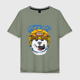 Мужская футболка хлопок Oversize с принтом Hockey Dog в Новосибирске, 100% хлопок | свободный крой, круглый ворот, “спинка” длиннее передней части | art | dog | dog in the helmet | dog with the puck | doggie | helmet | hockey | puck | арт | пёс | пёсик | собака | собака в шлеме | собака с шайбой | собачка | хоккей | шайба | шлем