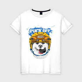 Женская футболка хлопок с принтом Hockey Dog в Новосибирске, 100% хлопок | прямой крой, круглый вырез горловины, длина до линии бедер, слегка спущенное плечо | art | dog | dog in the helmet | dog with the puck | doggie | helmet | hockey | puck | арт | пёс | пёсик | собака | собака в шлеме | собака с шайбой | собачка | хоккей | шайба | шлем