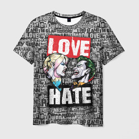 Мужская футболка 3D с принтом Love Hate в Новосибирске, 100% полиэфир | прямой крой, круглый вырез горловины, длина до линии бедер | harleen quinzel | harley | harley quin | harley quinn | joker | shtatharley | джокер | харли квин | харли квинн | харли куин | харли куинн | харлин квинзель