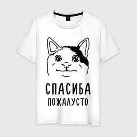 Мужская футболка хлопок с принтом Вежливый котик в Новосибирске, 100% хлопок | прямой крой, круглый вырез горловины, длина до линии бедер, слегка спущенное плечо. | Тематика изображения на принте: memes | polite cat | вежливый котик | вежливый котик мем | котик | мем с котом | мемы | пожалйста | приколы | спасиба пожалусто | спасибо