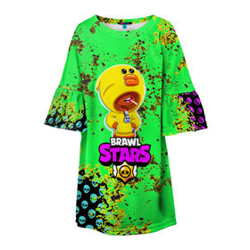 Детское платье 3D с принтом Brawl Stars (leon sally) в Новосибирске, 100% полиэстер | прямой силуэт, чуть расширенный к низу. Круглая горловина, на рукавах — воланы | Тематика изображения на принте: brawl | leon | moba | sally | stars | supercell | игра