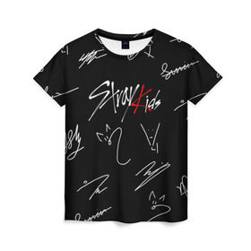 Женская футболка 3D с принтом STRAY KIDS в Новосибирске, 100% полиэфир ( синтетическое хлопкоподобное полотно) | прямой крой, круглый вырез горловины, длина до линии бедер | skz | stray kids | бан чан | ли ноу | скз | стрей кидс | сынмин | уджин | феликс | хан | хёджин | чанбин