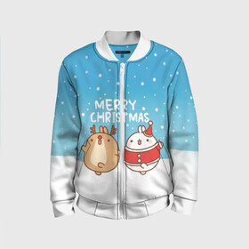 Детский бомбер 3D с принтом Molang. Merry Christmas в Новосибирске, 100% полиэстер | застегивается на молнию, по бокам два кармана без застежек, мягкие манжеты, по низу бомбера и на воротнике — эластичная резинка | chicken | christmas | deer | korea | molang | newyear | piupiu | rabbit | smow | snowflakes | winter | год | зима | корея | кролик | моланг | новый | олень | пиу | рождество | снег | снежинка