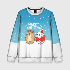 Детский свитшот 3D с принтом Molang. Merry Christmas в Новосибирске, 100% полиэстер | свободная посадка, прямой крой, мягкая тканевая резинка на рукавах и понизу свитшота | chicken | christmas | deer | korea | molang | newyear | piupiu | rabbit | smow | snowflakes | winter | год | зима | корея | кролик | моланг | новый | олень | пиу | рождество | снег | снежинка