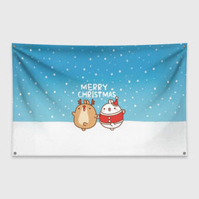 Флаг-баннер с принтом Molang Merry Christmas в Новосибирске, 100% полиэстер | размер 67 х 109 см, плотность ткани — 95 г/м2; по краям флага есть четыре люверса для крепления | chicken | christmas | deer | korea | molang | newyear | piupiu | rabbit | smow | snowflakes | winter | год | зима | корея | кролик | моланг | новый | олень | пиу | рождество | снег | снежинка