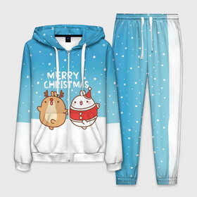 Мужской костюм 3D с принтом Molang Merry Christmas в Новосибирске, 100% полиэстер | Манжеты и пояс оформлены тканевой резинкой, двухслойный капюшон со шнурком для регулировки, карманы спереди | chicken | christmas | deer | korea | molang | newyear | piupiu | rabbit | smow | snowflakes | winter | год | зима | корея | кролик | моланг | новый | олень | пиу | рождество | снег | снежинка