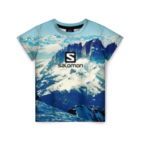 Детская футболка 3D с принтом SALOMON в Новосибирске, 100% гипоаллергенный полиэфир | прямой крой, круглый вырез горловины, длина до линии бедер, чуть спущенное плечо, ткань немного тянется | Тематика изображения на принте: salomon | горы | снег | спорт