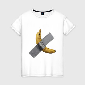 Женская футболка хлопок с принтом  Банан за 120 тысяч долларов в Новосибирске, 100% хлопок | прямой крой, круглый вырез горловины, длина до линии бедер, слегка спущенное плечо | art basel | banan | mem | memas | meme | мем | мемас | мемчик
