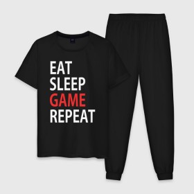 Мужская пижама хлопок с принтом Eat sleep game repeat в Новосибирске, 100% хлопок | брюки и футболка прямого кроя, без карманов, на брюках мягкая резинка на поясе и по низу штанин
 | bf | cod | cs go | dota 2 | eat sleep game repert | esgr | gamer | games | lol | mem | memes | pc | ps3 | ps4 | wow | xbox | ешь спи играй повтори | игра | игрок | игры | мем | мемы