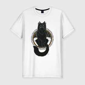 Мужская футболка хлопок Slim с принтом Йольский кот в Новосибирске, 92% хлопок, 8% лайкра | приталенный силуэт, круглый вырез ворота, длина до линии бедра, короткий рукав | йоль | йольский кот | кот | мифы | праздник | руны | солнцестояние | черный кот