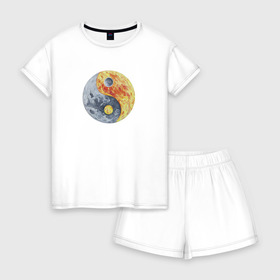 Женская пижама с шортиками хлопок с принтом Луна (Инь-Янь) в Новосибирске, 100% хлопок | футболка прямого кроя, шорты свободные с широкой мягкой резинкой | инь янь | китайская культура | луна | планета | рисунок | фэншуй