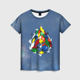 Женская футболка 3D с принтом Кубик Рубика в Новосибирске, 100% полиэфир ( синтетическое хлопкоподобное полотно) | прямой крой, круглый вырез горловины, длина до линии бедер | mathematica | кубик | магия. формулы | математика | наука | рубика | соберись | технарь
