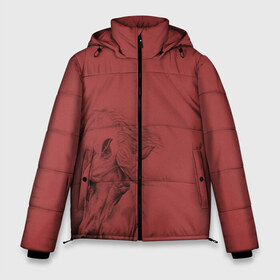Мужская зимняя куртка 3D с принтом конь на красном фоне в Новосибирске, верх — 100% полиэстер; подкладка — 100% полиэстер; утеплитель — 100% полиэстер | длина ниже бедра, свободный силуэт Оверсайз. Есть воротник-стойка, отстегивающийся капюшон и ветрозащитная планка. 

Боковые карманы с листочкой на кнопках и внутренний карман на молнии. | животные | конный спорт | конь | лошадь | наездник | спорт