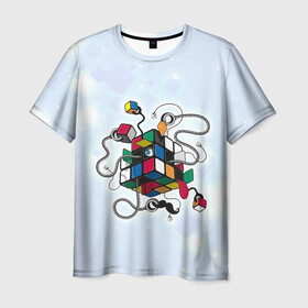 Мужская футболка 3D с принтом Кубик Рубика в Новосибирске, 100% полиэфир | прямой крой, круглый вырез горловины, длина до линии бедер | Тематика изображения на принте: mathematica | кубик | магия. формулы | математика | наука | рубика | соберись | технарь