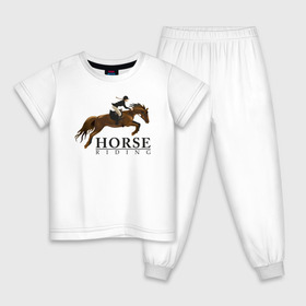 Детская пижама хлопок с принтом HORSE RIDING в Новосибирске, 100% хлопок |  брюки и футболка прямого кроя, без карманов, на брюках мягкая резинка на поясе и по низу штанин
 | животные | конный спорт | конь | лошадь | наездник | спорт | стикер