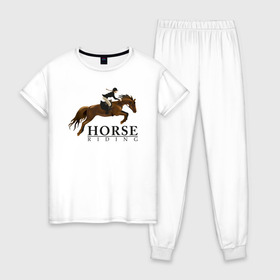 Женская пижама хлопок с принтом HORSE RIDING в Новосибирске, 100% хлопок | брюки и футболка прямого кроя, без карманов, на брюках мягкая резинка на поясе и по низу штанин | Тематика изображения на принте: животные | конный спорт | конь | лошадь | наездник | спорт | стикер