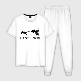 Мужская пижама хлопок с принтом Fast food (черный) в Новосибирске, 100% хлопок | брюки и футболка прямого кроя, без карманов, на брюках мягкая резинка на поясе и по низу штанин
 | Тематика изображения на принте: fast food | бег | быстрая еда | быстро | догнать | домашние животные | животные | забавные животные | кот | кот и пес | кошка | ловить | любителю собак | пес | преследовать | прикол | смешное
