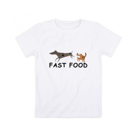 Детская футболка хлопок с принтом Fast food (цвет) в Новосибирске, 100% хлопок | круглый вырез горловины, полуприлегающий силуэт, длина до линии бедер | Тематика изображения на принте: fast food | бег | быстрая еда | быстро | догнать | домашние животные | животные | забавные животные | кот | кот и пес | кошка | кошка бежит | кошка и собака | ловить | любителю кошек | пес | преследовать