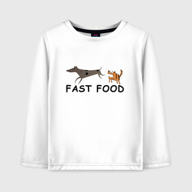 Детский лонгслив хлопок с принтом Fast food (цвет) в Новосибирске, 100% хлопок | круглый вырез горловины, полуприлегающий силуэт, длина до линии бедер | fast food | бег | быстрая еда | быстро | догнать | домашние животные | животные | забавные животные | кот | кот и пес | кошка | кошка бежит | кошка и собака | ловить | любителю кошек | пес | преследовать