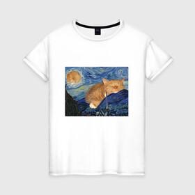 Женская футболка хлопок с принтом Звёздная ночь и коты в Новосибирске, 100% хлопок | прямой крой, круглый вырез горловины, длина до линии бедер, слегка спущенное плечо | арт | ван гог | животные | звёздная ночь | искусство | картина | котик | коты | кошка | мем | прикол | смешная картинка | юмор