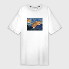 Платье-футболка хлопок с принтом Звёздная ночь и коты в Новосибирске,  |  | арт | ван гог | животные | звёздная ночь | искусство | картина | котик | коты | кошка | мем | прикол | смешная картинка | юмор