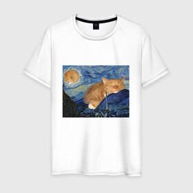 Мужская футболка хлопок с принтом Звёздная ночь и коты в Новосибирске, 100% хлопок | прямой крой, круглый вырез горловины, длина до линии бедер, слегка спущенное плечо. | Тематика изображения на принте: арт | ван гог | животные | звёздная ночь | искусство | картина | котик | коты | кошка | мем | прикол | смешная картинка | юмор