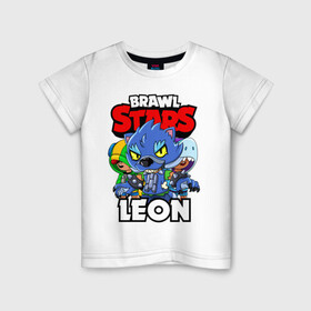 Детская футболка хлопок с принтом BRAWL STARS LEON в Новосибирске, 100% хлопок | круглый вырез горловины, полуприлегающий силуэт, длина до линии бедер | brawl stars | brawl stars leon | brawler | leon | shark | werewolf | акула | бравл старз | бравлер | леон | оборотень