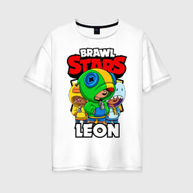 Женская футболка хлопок Oversize с принтом BRAWL STARS LEON в Новосибирске, 100% хлопок | свободный крой, круглый ворот, спущенный рукав, длина до линии бедер
 | brawl stars | brawl stars leon | brawler | leon | sally | shark | акула | бравл старз | бравлер | леон | салли