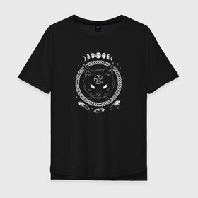 Мужская футболка хлопок Oversize с принтом Кот во тьме в Новосибирске, 100% хлопок | свободный крой, круглый ворот, “спинка” длиннее передней части | кот | кристаллы | лунный цикл | пентаграмма | рисунок | тьма