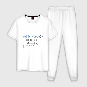 Мужская пижама хлопок с принтом Code - sleep в Новосибирске, 100% хлопок | брюки и футболка прямого кроя, без карманов, на брюках мягкая резинка на поясе и по низу штанин
 | Тематика изображения на принте: c | c++ | code | coder | computer | hacker | java | programm | tag | жизнь | код | кодер | программа | программист | сон | хакер | хочу спать