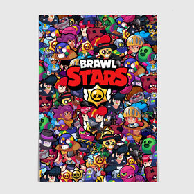 Постер с принтом ПЕРСОНАЖИ BRAWL STARS в Новосибирске, 100% бумага
 | бумага, плотность 150 мг. Матовая, но за счет высокого коэффициента гладкости имеет небольшой блеск и дает на свету блики, но в отличии от глянцевой бумаги не покрыта лаком | Тематика изображения на принте: bibi | brawl stars | brock | bull | crow | dinomike | el primo | leon | mobile game | nita | poko | ricochet | stars | tara | бравл старс | ворон | леон | мобильные игры