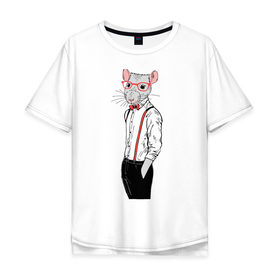 Мужская футболка хлопок Oversize с принтом Крыса в очках в Новосибирске, 100% хлопок | свободный крой, круглый ворот, “спинка” длиннее передней части | Тематика изображения на принте: год крысы | крыса | новый год