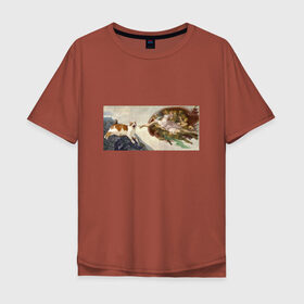 Мужская футболка хлопок Oversize с принтом Сотворение Адама и кот в Новосибирске, 100% хлопок | свободный крой, круглый ворот, “спинка” длиннее передней части | mem | memes | весело | искусство | кот | котик | мем | прикол | сотворение адама