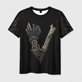 Мужская футболка 3D с принтом Vikings (bones logo) в Новосибирске, 100% полиэфир | прямой крой, круглый вырез горловины, длина до линии бедер | bones | good | skull | viking | vikings | бог | викинг | викинги | кости | скандинавы | череп | язычник