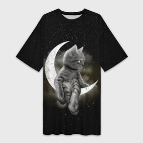 Платье-футболка 3D с принтом Кот на луне в Новосибирске,  |  | cat | kitten | звёзды | космос | кот | котейка | котёнок | кошка | луна
