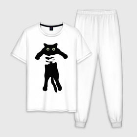 Мужская пижама хлопок с принтом Черный кот в руках в Новосибирске, 100% хлопок | брюки и футболка прямого кроя, без карманов, на брюках мягкая резинка на поясе и по низу штанин
 | cat | в руках | глаза | животное | кот | котенок | кошка | милый | черный
