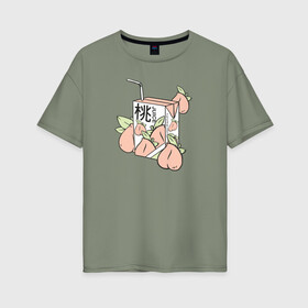 Женская футболка хлопок Oversize с принтом Персиковый Сок в Новосибирске, 100% хлопок | свободный крой, круглый ворот, спущенный рукав, длина до линии бедер
 | japan | japanese | juice | peach | urban | urban style | персик | сок | стиль | урбан | япония | японский стиль