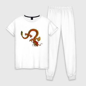 Женская пижама хлопок с принтом Metallized Red Dragon в Новосибирске, 100% хлопок | брюки и футболка прямого кроя, без карманов, на брюках мягкая резинка на поясе и по низу штанин | азиатский дракон | восточный дракон | год дракона | дракон | змей | китайский дракон | китайский змей | красный дракон | металлический дракон | огненный дракон | японский дракон | яркий дракон