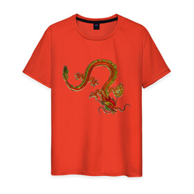 Мужская футболка хлопок с принтом Metallized Red Dragon в Новосибирске, 100% хлопок | прямой крой, круглый вырез горловины, длина до линии бедер, слегка спущенное плечо. | Тематика изображения на принте: азиатский дракон | восточный дракон | год дракона | дракон | змей | китайский дракон | китайский змей | красный дракон | металлический дракон | огненный дракон | японский дракон | яркий дракон