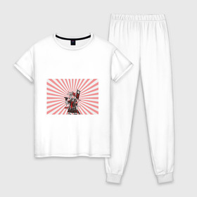 Женская пижама хлопок с принтом Убийца розового солнца в Новосибирске, 100% хлопок | брюки и футболка прямого кроя, без карманов, на брюках мягкая резинка на поясе и по низу штанин | аниме | арт | девочка | маска | меч | солнце | якудза | япония