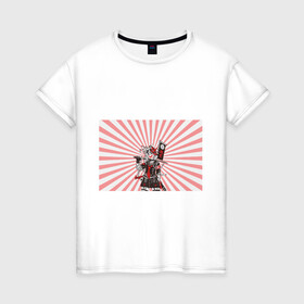 Женская футболка хлопок с принтом Убийца розового солнца в Новосибирске, 100% хлопок | прямой крой, круглый вырез горловины, длина до линии бедер, слегка спущенное плечо | аниме | арт | девочка | маска | меч | солнце | якудза | япония