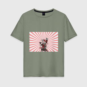 Женская футболка хлопок Oversize с принтом Убийца розового солнца в Новосибирске, 100% хлопок | свободный крой, круглый ворот, спущенный рукав, длина до линии бедер
 | аниме | арт | девочка | маска | меч | солнце | якудза | япония