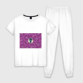 Женская пижама хлопок с принтом Космонавт в розах в Новосибирске, 100% хлопок | брюки и футболка прямого кроя, без карманов, на брюках мягкая резинка на поясе и по низу штанин | 