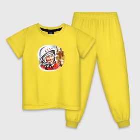 Детская пижама хлопок с принтом Гагарин № 1 в Новосибирске, 100% хлопок |  брюки и футболка прямого кроя, без карманов, на брюках мягкая резинка на поясе и по низу штанин
 | Тематика изображения на принте: 12 апреля | alekseevich | firs | gagarin | yuri | автограф | алексеевич | апрель | астронавт | восток | гагарин | день | космонавт | космонавтики | космос | первый | поехали | россия | русский | советский | ссср | юрий